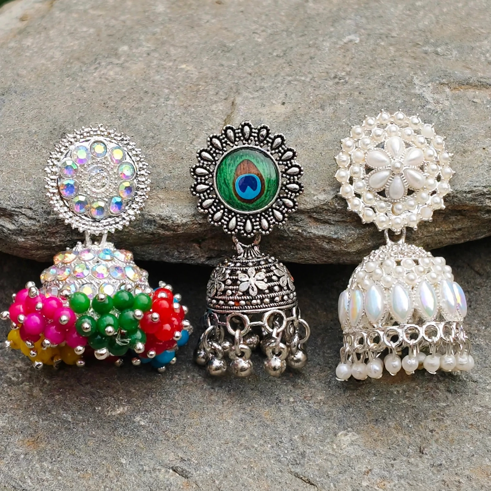 Traditional 3-Pair Jhumka Earrings Combo with White Pearls - Image 5