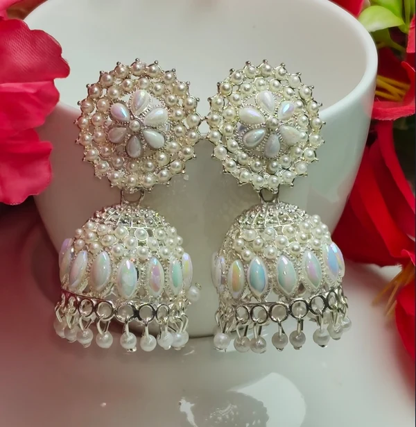 Traditional 3-Pair Jhumka Earrings Combo with White Pearls - Image 2