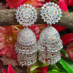 RAINBOW STONES SILVER JHUMKA WITH GHUNGROO EARRINGS