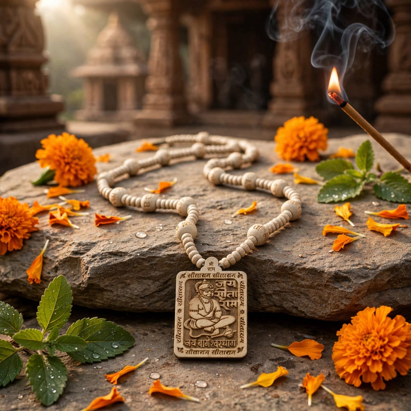 Natural Tulsi Mala with Hanuman Ji locket and light-coloured beads